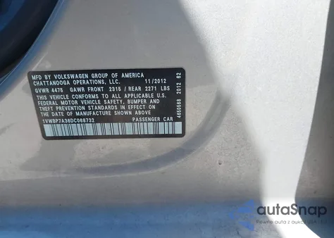 2013 Volkswagen Passat 2.5L Se из США, поврежденный, VIN 1VWBP7A36DC068732